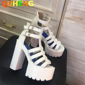 

Super Thick Bottom Women Sandals Fashion PU leather Cross-Strap Super High Heels 2020 Summer Shoes Nightclub High Heel Sandals
