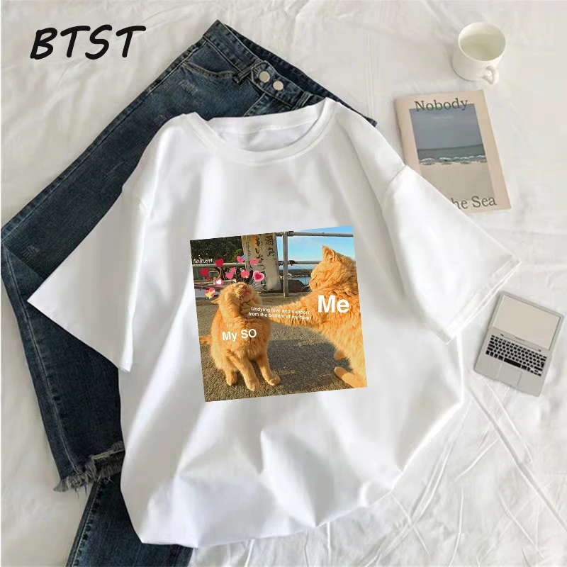 Новинка, Корея, Ulzzang, кот любит животных, собака, принт, милые летние топы с коротким рукавом, футболки, повседневные свободные, большой размер, забавная парная футболка