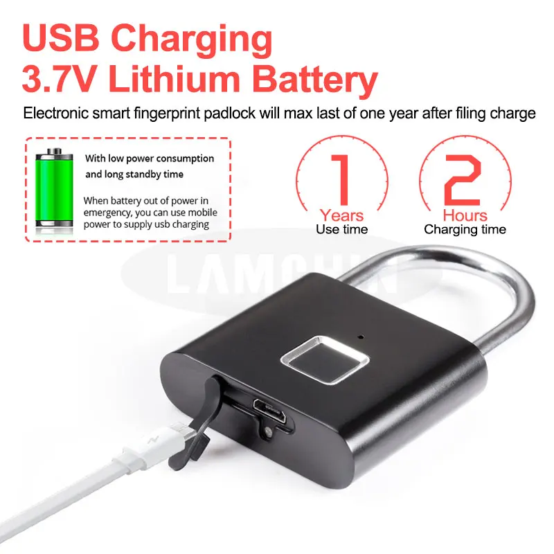 Электронный замок с отпечатком пальца без ключа USB Перезаряжаемый дверной замок Быстрый разблокировка цинковый сплав металлический саморазвивающийся чип Умный Замок