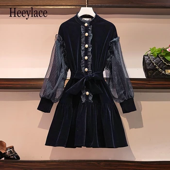

Spring French retro velvet Women Dress vintage Ruffles Lantern Sleeve A-line Voile warm Temperament Mini Dress plus size