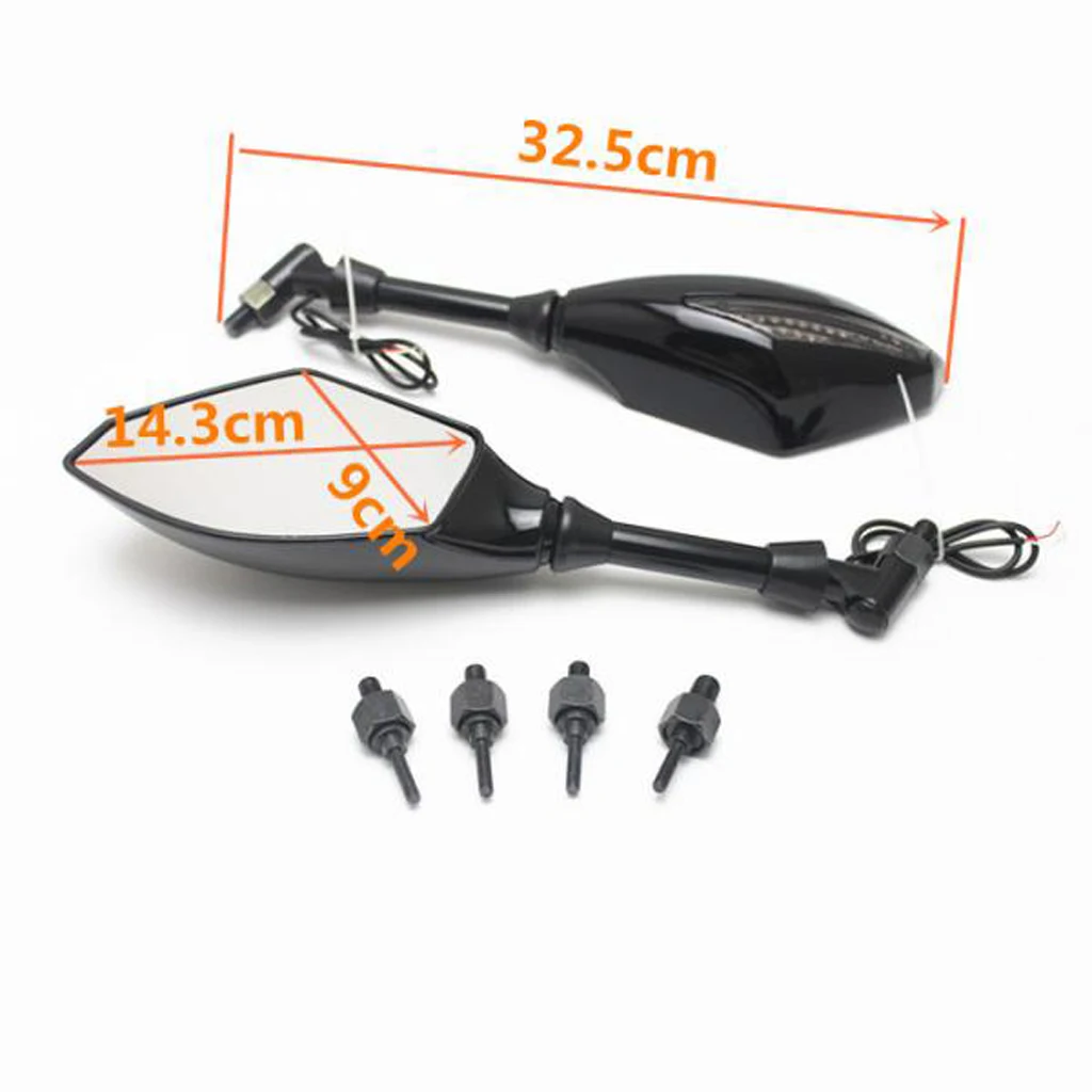 1 Pair Motorcycle Side Mirrors With LED Turn Indicator Light 8mm/10mm Adapters Plastic Shell
