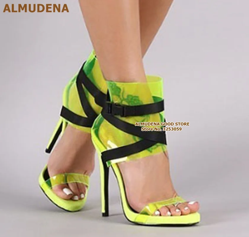 ALMUDENA Lime Green Clear PVC Dress Sandals Orange Transparent Buckle Strap Dress Shoes Cross Strappy Patchwork Ladies Pumps
