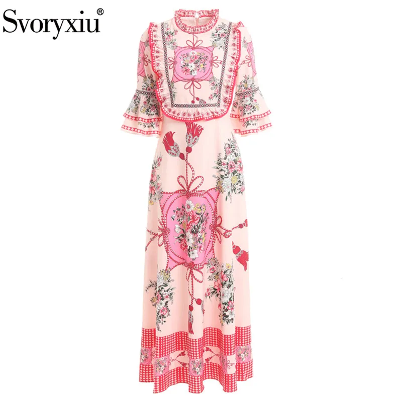 Svoryxiu Runway дизайнерское осеннее длинное платье женские элегантные расширяющиеся к низу рукава с цветочным принтом высокого качества Макси платья Vestdios