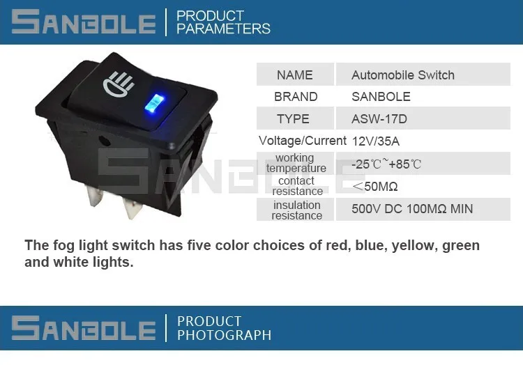 Modification of automobile Rocker switch ASW-17D LED Headlight switch 12V 35A Fog lamp switch Five colors(10pcs