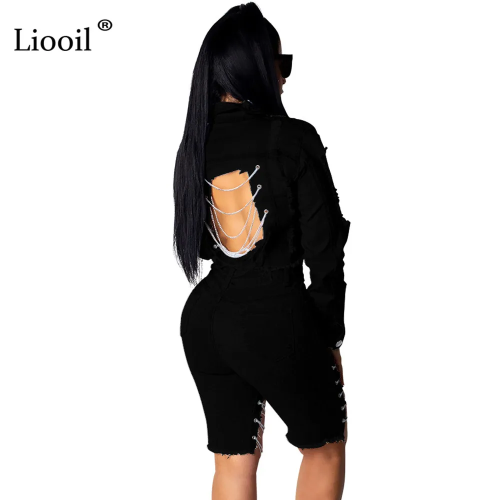 Liooil/комплект из двух предметов из джинсовой ткани; женские Клубные комплекты с цепочкой; сезон осень-зима; пикантные короткие пальто с длинными рукавами и пуговицами и открытой спиной+ шорты; большие размеры