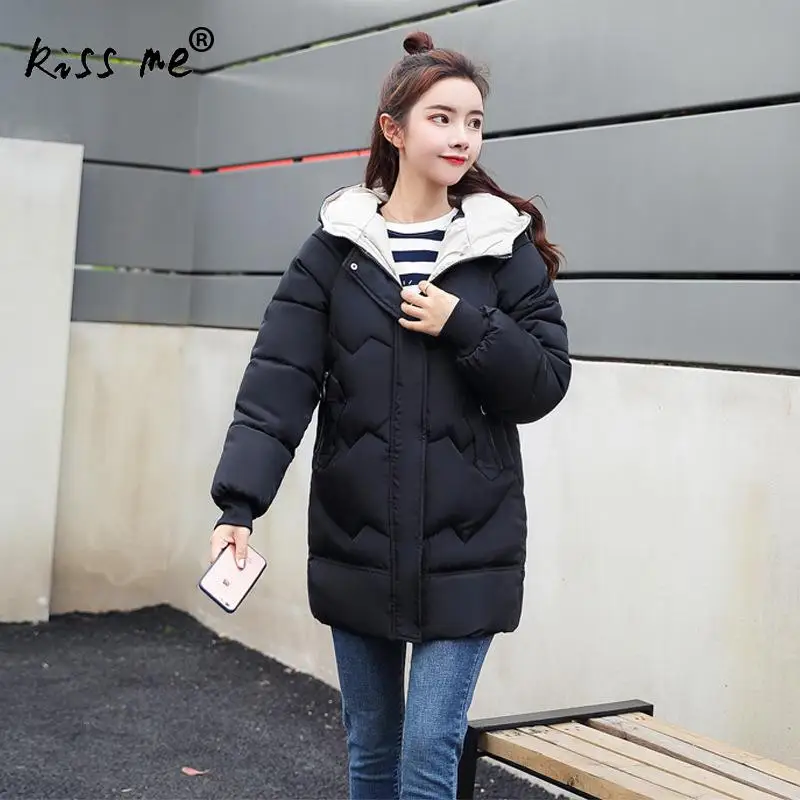 Loose Casual Winter Hooded Outdoor Down Coat Women Solid Cotton Clothing Thermal Warm Coat Windproof Mid-Long Jacket Female