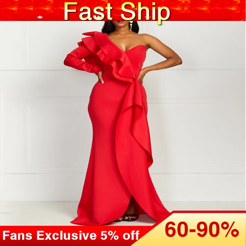 

African Style Elegant Party Sexy Vintage Women Long Dresses Big Size One Shoulder Strapless Split Ruffles Female Maxi Red Dress