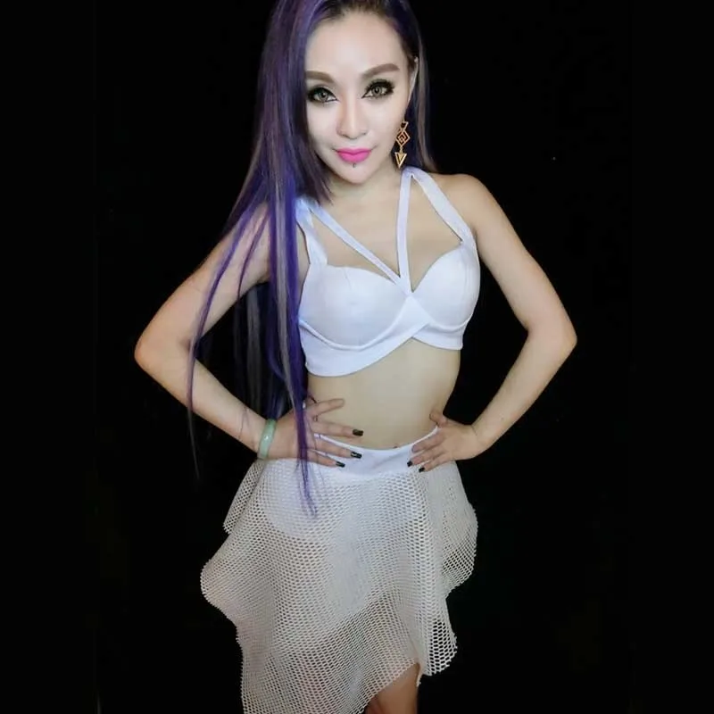 Nightclub Women Leading Dancer Stage Wear Bar DJ Singer Teams Jazz Modern dance Costume White Hollowing Out Sexy Festival Outfit (5)