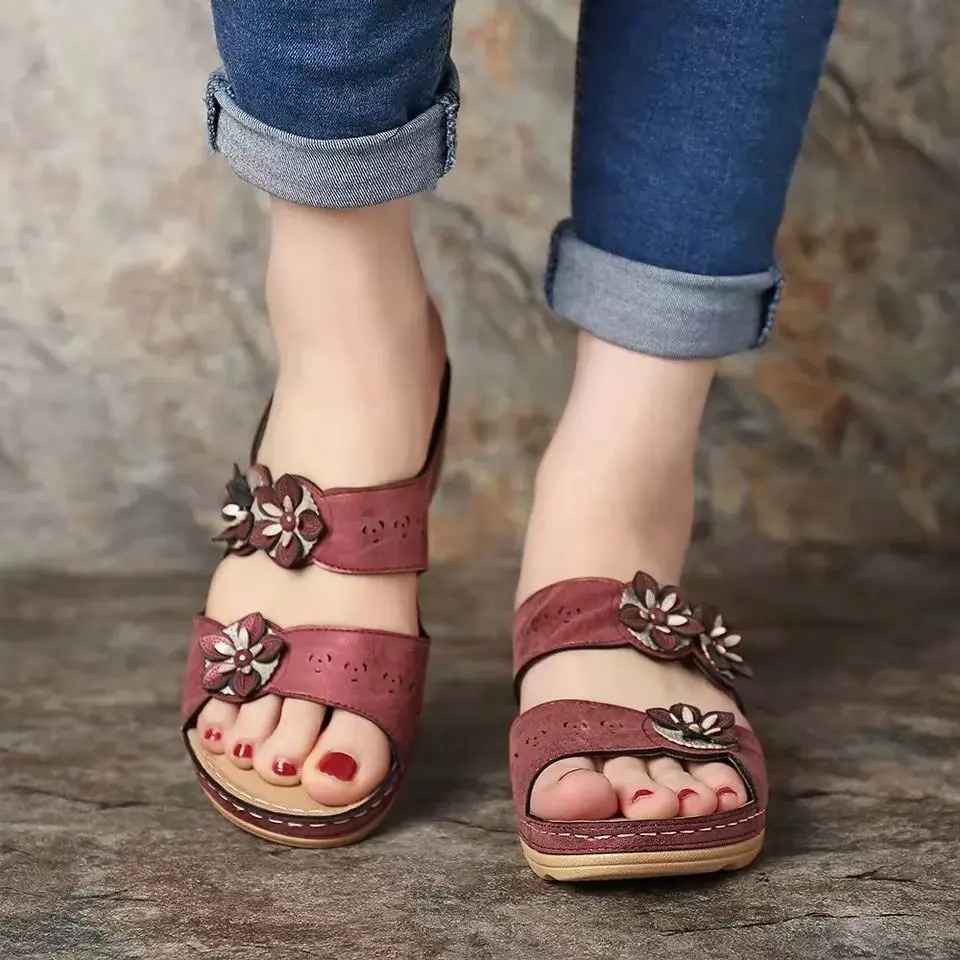 Women Sandals New Summer Shoes Woman Plus Size 44 Heels Sandals For Wedges Chaussure Femme Casual Flower Vintage Wedge Heel