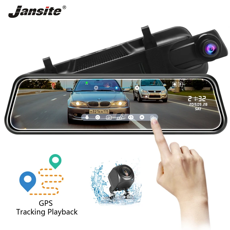 

Jansite10" Car Dash Camera 1080P Car Dvr Dash Cam Mirror Dual Lens Rear View Mirror Loop recording GPS Tracking Playback