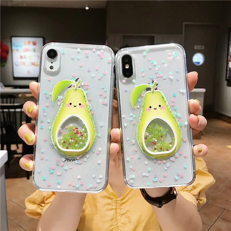 

Transparent Bling Drop Glue Phone Case for Iphone X 7 8 6 6S Plus Xr Xs Max Case 3D Dynamic Quicksand Avocado Fresh Cover Cases