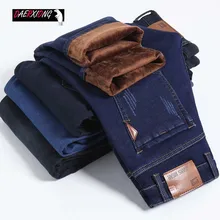 Мужские Брендовые повседневные деловые джинсы, мужские зимние утолщенные Теплые эластичные прямые узкие джинсы, мужские вельветовые синие джинсы