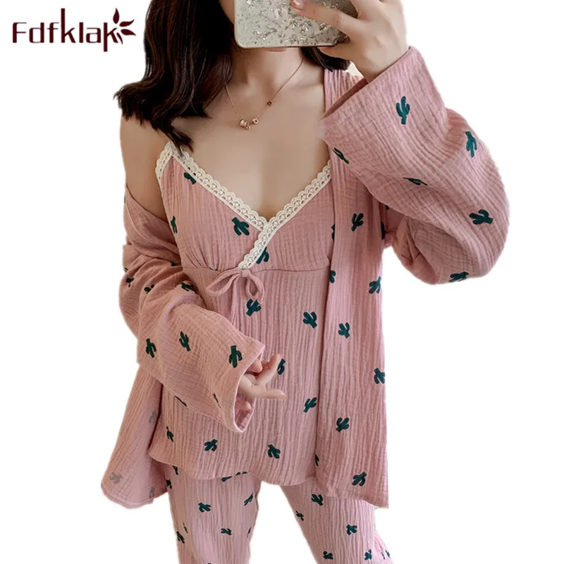 

Fdfklak High quality sexy 3 pieces pajamas women autumn winter sleepwear set long sleeve print nightwear clothes female pijama