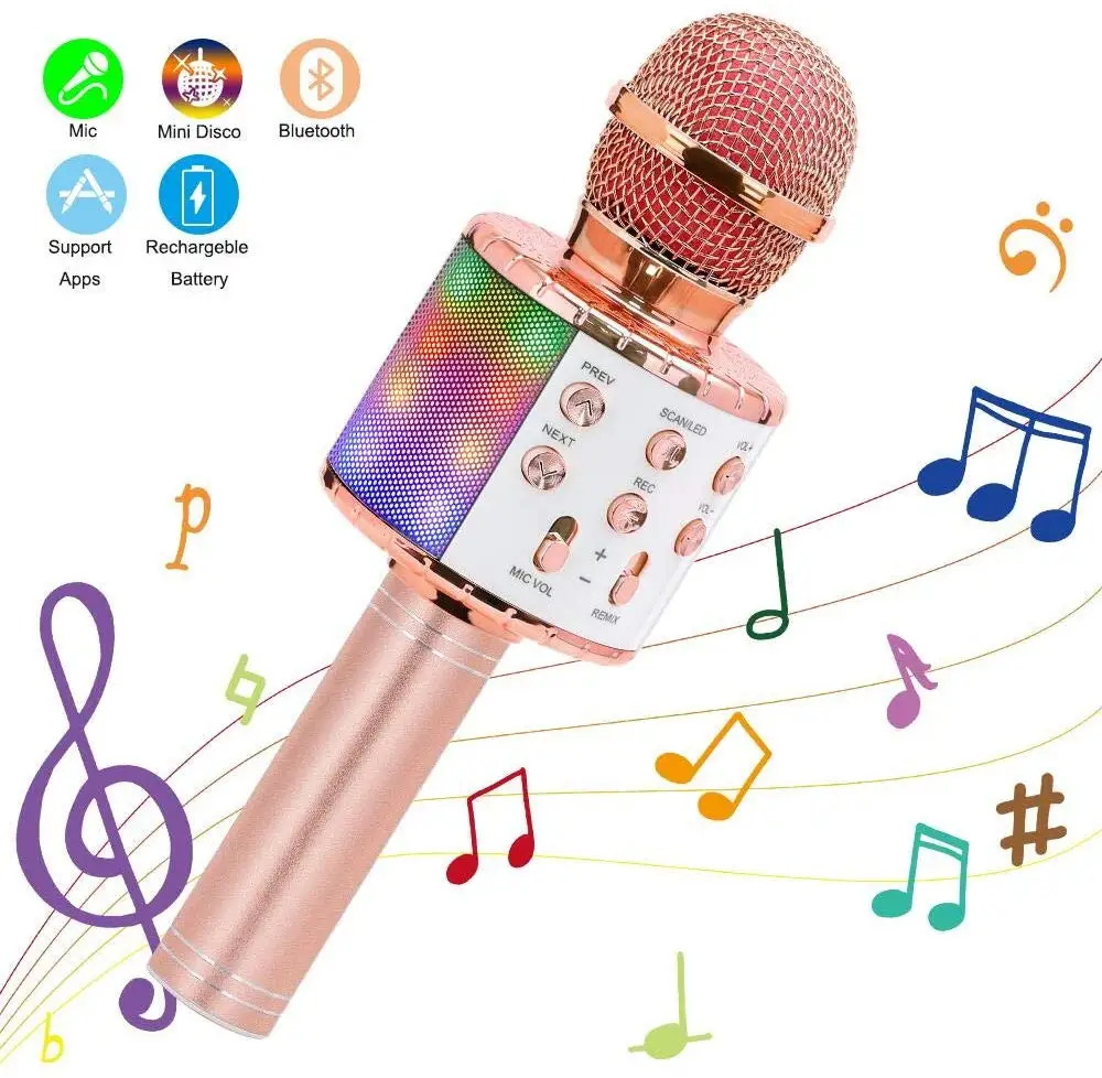 Rose Gold Беспроводной микрофон для караоке танцевальный светодиодный фонарь 4в1 Ручной Bluetooth динамик микрофона караоке машина домашний KTV плеер Вечерние - Цвет: Rose Gold