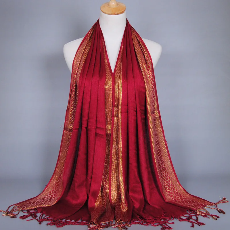 2024 Luxury Brand Women Gold Cotton Solid Color Muslim Head Scarf Shawls and Wraps Glitter Pashmina Bandana Female Foulard Hijab 6