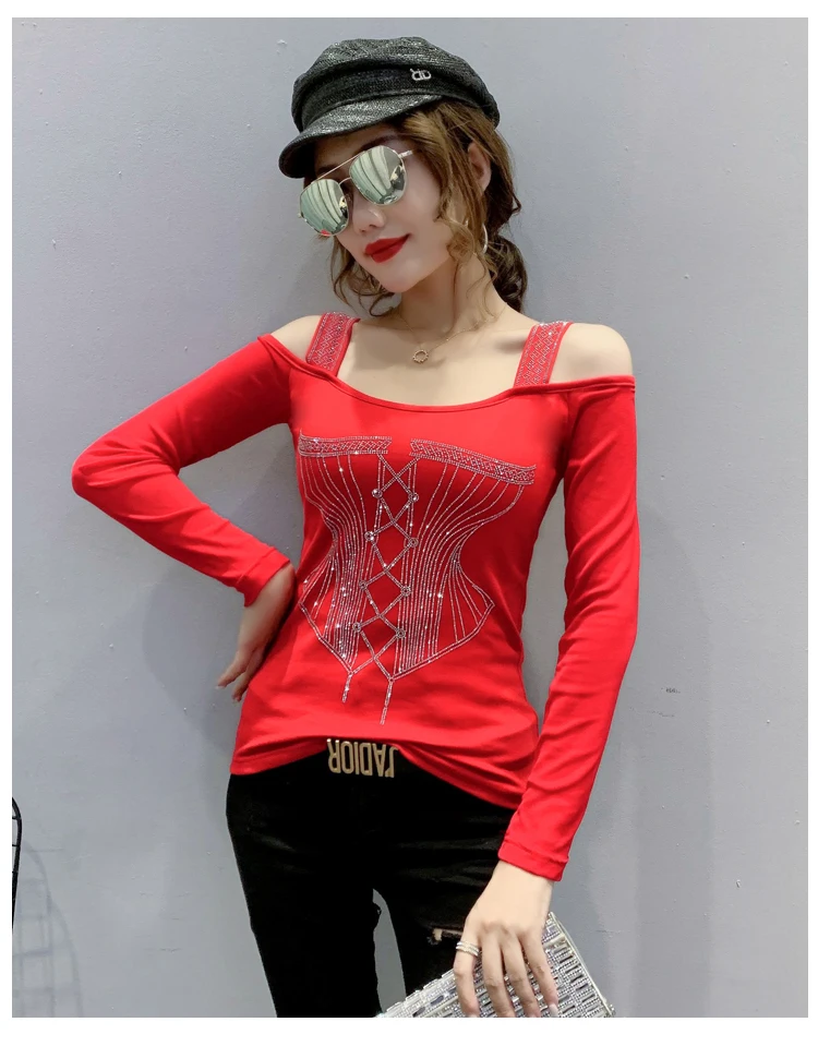 2020 Autumn new woman tshirts Fashion sexy off the shoulder women t-shirt long sleeve Hot drilling plus size women clothing