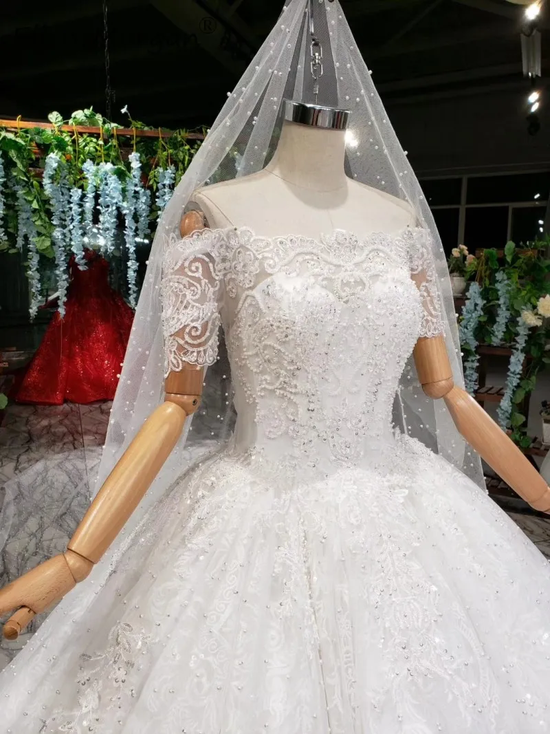 Vestido De Novia Роскошные свадебные платья из жемчуга с открытыми плечами кружева с короткими рукавами расшитое бусинами Формальное Принцесса Свадебное бальное платье