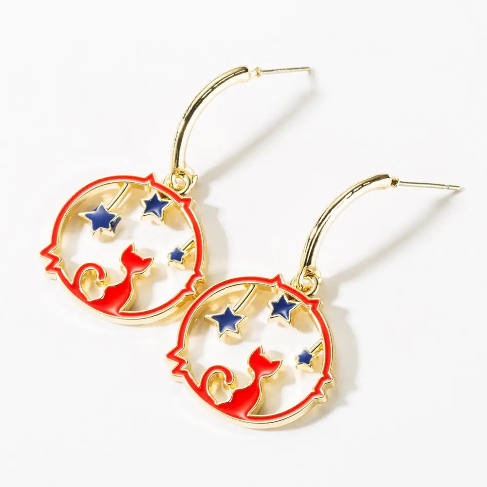 

Cute Girls Hollow Out Enamel Cat Stars Drop Earring Round Circle Statement Dangling Earrings Punk Women Party Jewelry Pendientes