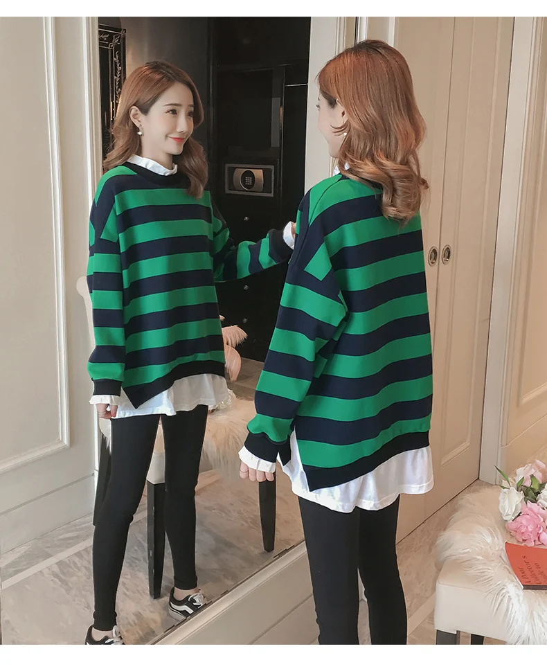 Autumn Fashion Straiped Maternity Sweatshirt Korean Casual Loose Fake two pieces Pregnancy Sweatshirt Clothes for Pregnant Women