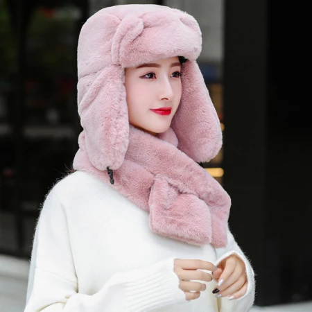 pink HT2684 Высококачественная шапка с кроличьим мехом, шарф, ушанка, шапка-ушанка, зимний аксессуар, Русская Шапка, ветрозащитная зимняя шапка, шарф, комплект - Цвет: pink