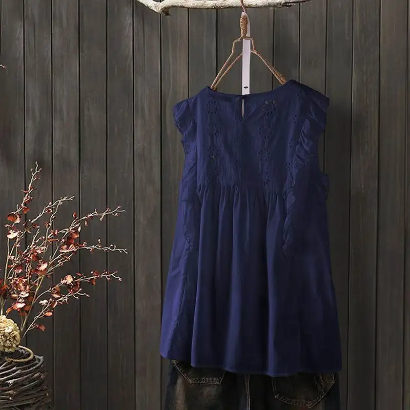 Летние майки без рукавов, топы, ZANZEA, винтажная открытая вышитая Футболка Vests, женские повседневные однотонные хлопковые вечерние блузки с оборками, женские блузы