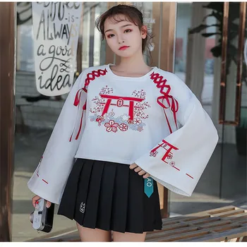 

Focal20 Streetwear Japanese Cherry Embroidery Women Fleece Crop Sweatshirt Lace Up O-neck Pullover Cotton Spring Autumn Lady Top