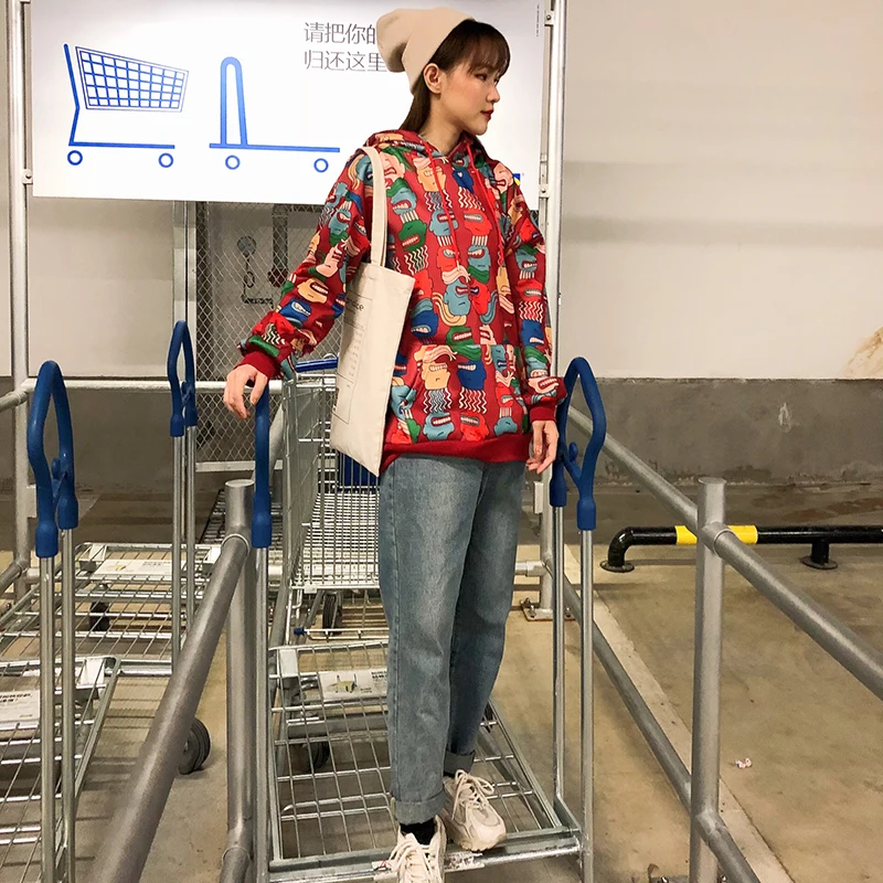 Корейская мода Уличная Повседневная Женская Толстовка Harajuku мультфильм шаблон пуловер толстовка с принтом осенние женские Топы толстовка SL219