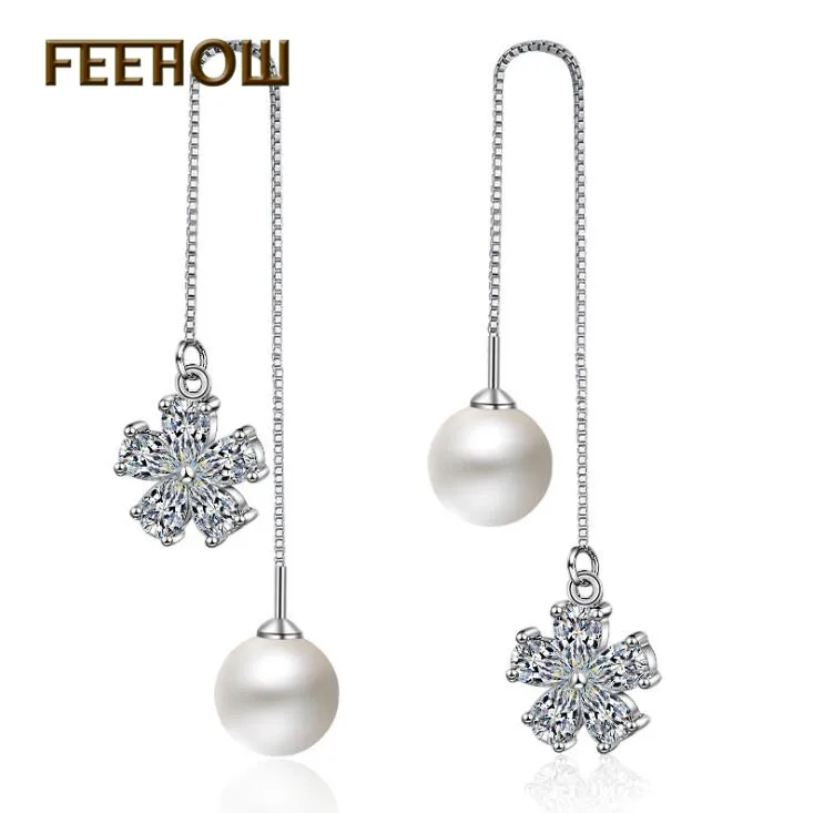 FEEHOW Trendy Pearl Geometric Zircon Drop Earrings for Women Wedding Party Prom Banquet Shopping Fashion Petal Jewelry FWEL3428 | Украшения