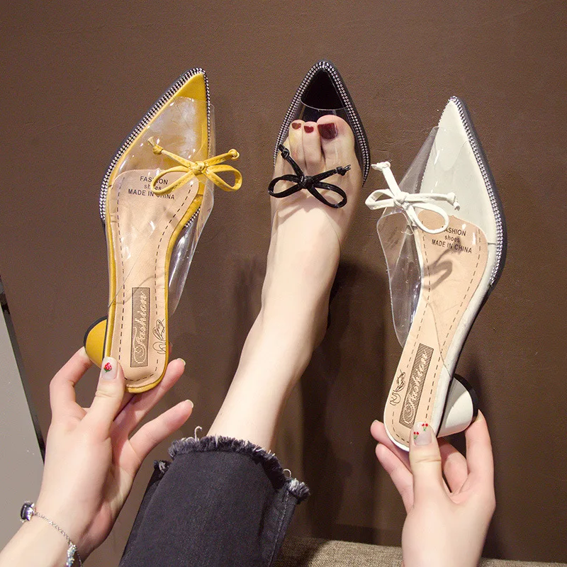 

High Heels Slides Slippers Woman Pointed Toe Footwear Transparent Pvc Shoes Female Mules Shoes Women Summer calzado mujer
