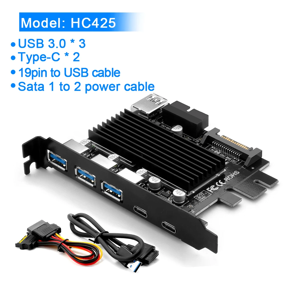 Rocketek USB 3,0 type c PCI-E плата расширения 5 портов адаптер внешний контроллер Express 19 pin кабель SATA разъем питания шнур - Цвет: Белый