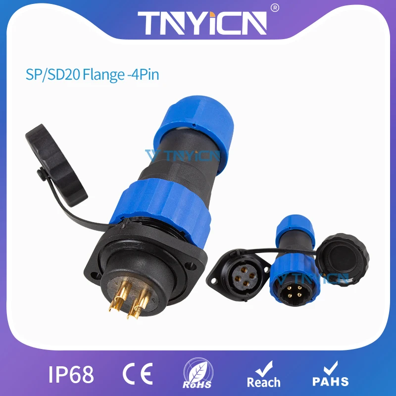 Водонепроницаемый соединитель IP68 SD20 Flange-4Pin, проводные кабельные разъемы для крепления на панели, авиационный штекер и гнездо, светодиодный разъем и гнездо