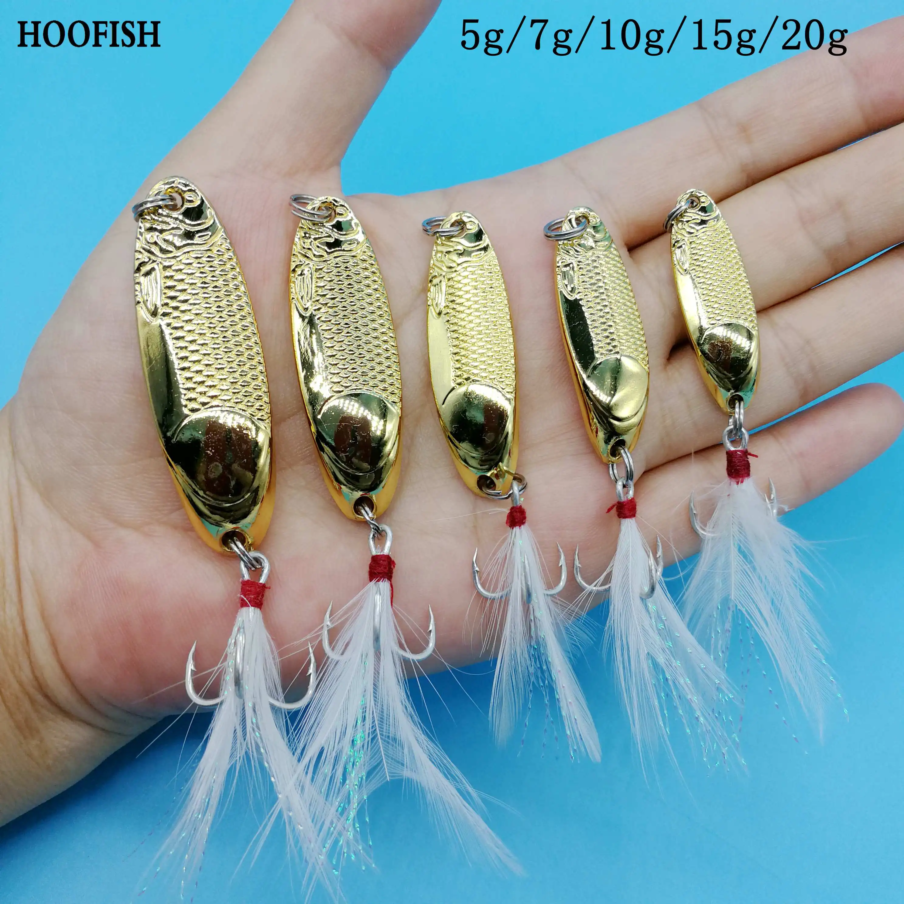

HOOFISH 10PCS/lot Metal Spinner Spoon bait 5g/7g/10g/15g/20g Gold Sliver Sequins with Feather hook spinner bait fishing tackle