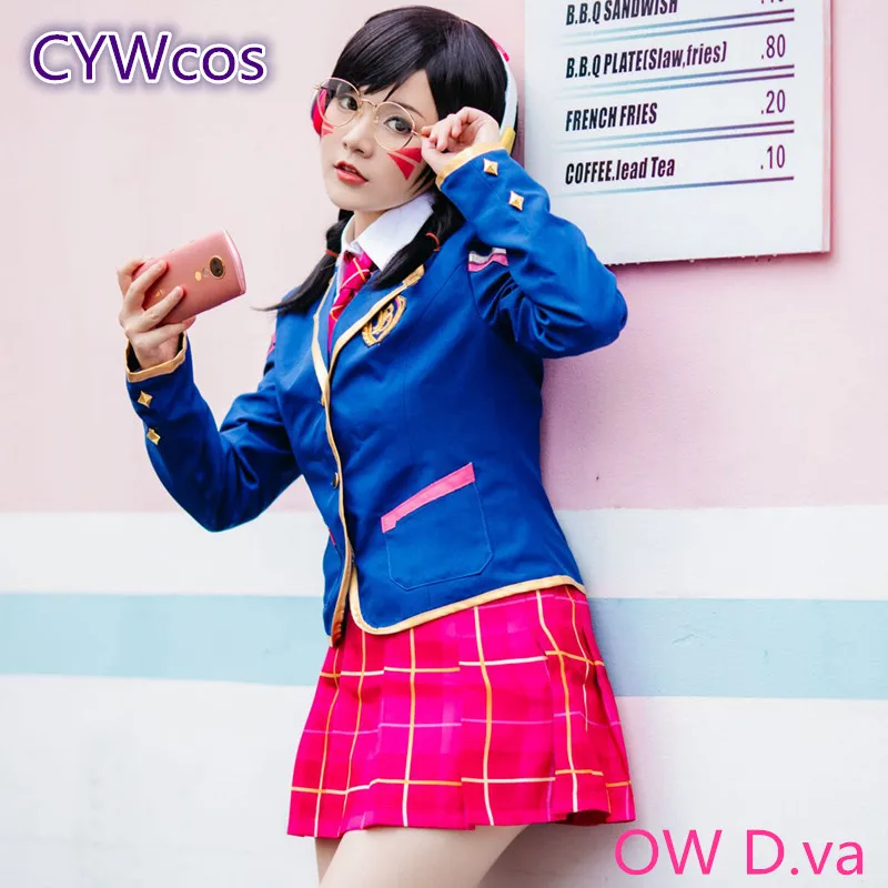 Для игры OW DVA D. va Косплей Костюм МОЛОДЕЖНАЯ ШКОЛА двора кожа песня Hana платье костюмы пальто+ рубашка+ юбка+ носки+ очки