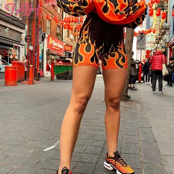 

IAMHOTTY Flaming Fire Print Black Spandex Shorts High Waist Bodycon Stretch Woman Shorts Gothic Harajuku Fashion New Biker Short