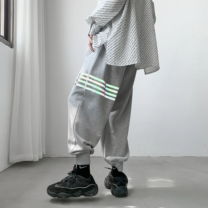

Gray Black Autumn Ankle-Length Pants Reflective Striped Trousers Wild Trousers Youth Casual Ankle-Length Pants M-3XL Trousers