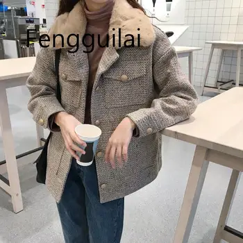 

Women New Winter Clothing Thicken Woolen Jacket Houndstooth Coat Female Korean Version Of The Short Loose Plaid Woolen Coat