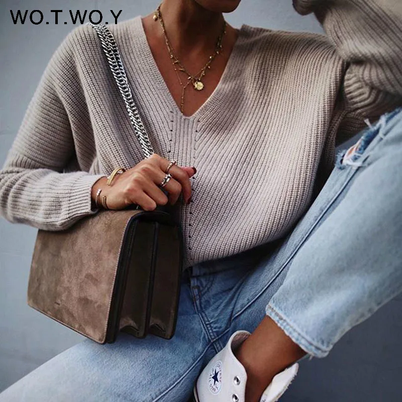 T871Khaki WOTWOY осень зима трикотажные пуловеры для женщин с длинным рукавом основной кашемировый свитер женский пуловер вязаный Повседневный синий женский джемпер - Цвет: T871Khaki