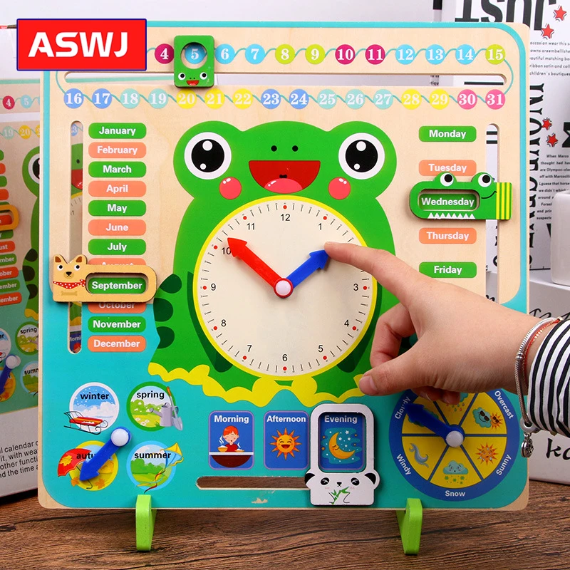 

QWZ Wooden Toys Baby Weather Season Calendar Clock Time Cognition Puzzle Preschool Educational Teaching Aids Toys For Kids Gifts