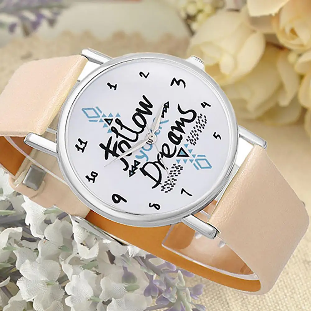 

Women Girls Casual Clock Print Follow Your Dream Quote Print Faux Leather Strap Quartz Wrist Watch wrist watch erkek saati L