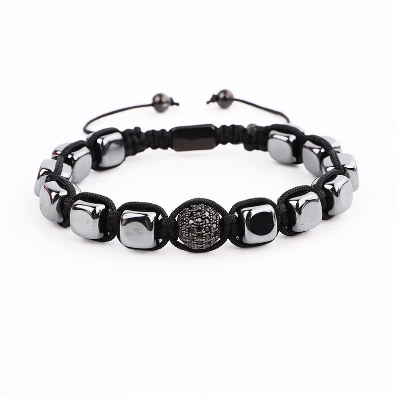 Men Bracelet Hematite Cube Shape CZ Pave Ball Handmade Pave Macrame Bracelet Men Jewelry Bracelet Gift