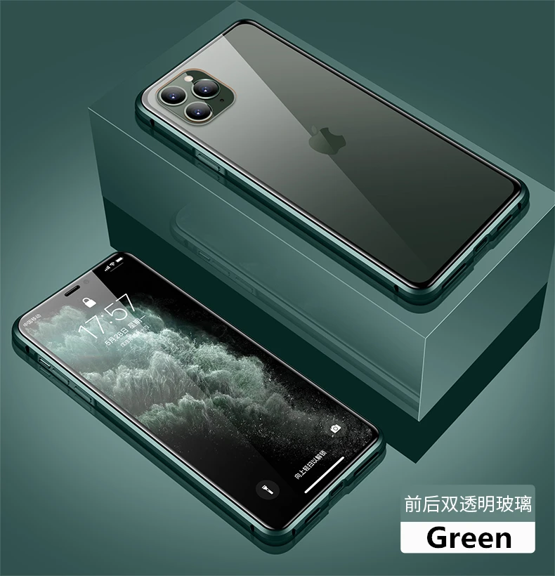 Зеленый 360 Передний+ задний Магнитный чехол для iphone 11 pro max, чехол, полный защитный двусторонний чехол из закаленного стекла 9H для iphone 11, чехол - Цвет: Зеленый