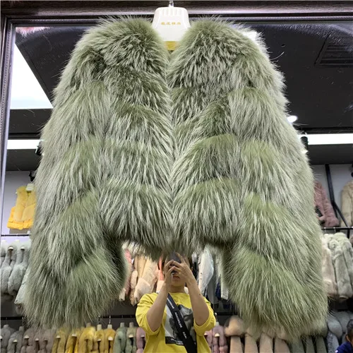 Green Женская натуральная черно-бурая лиса шуба Новая мода натуральный мех куртка Полосатое стильное пальто женская лисий мех верхняя одежда - Цвет: Green