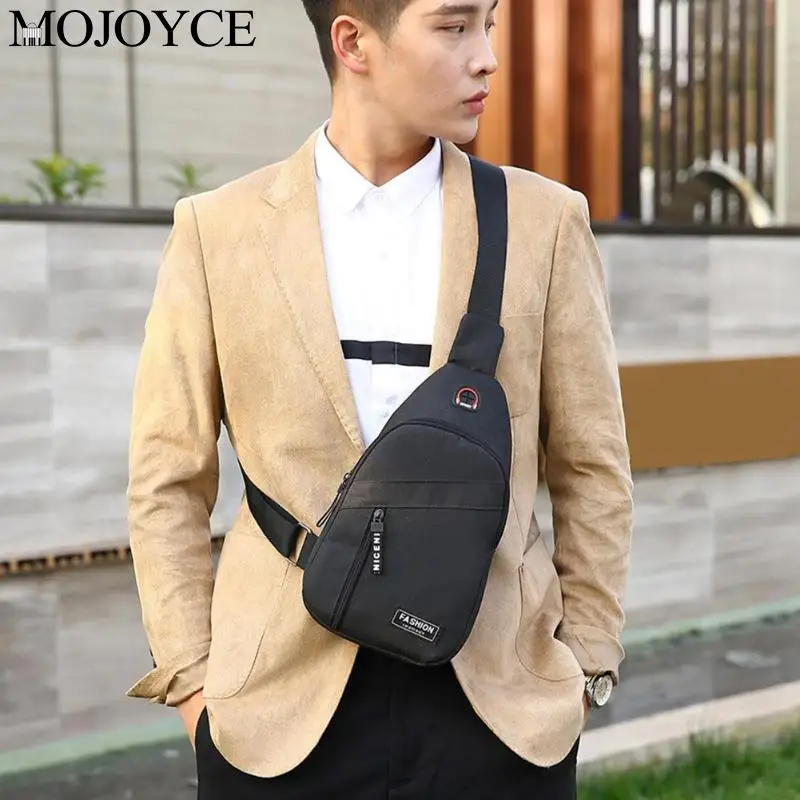 Fashion Solid Color Men Crossbody Chest Sling Bags Oxford Cloth Shoulder Messenger Sports Handbags with Headphone Hole