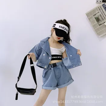 

2020 summer new girl denim suit Korean short-sleeved top with shorts two-piece tide
