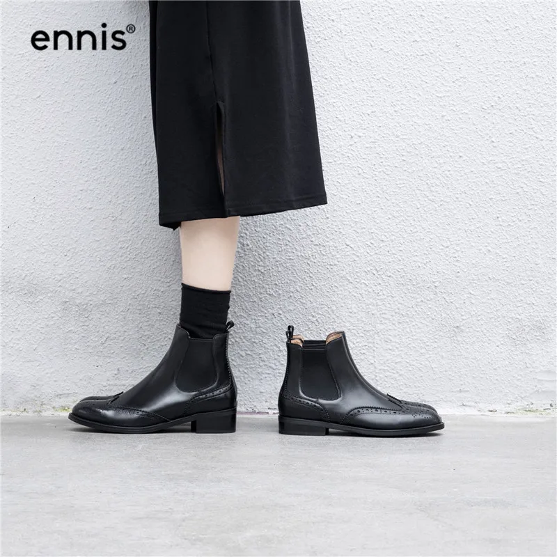 ENNIS/брендовые черные броги; женские ботинки; ботинки «Челси» из натуральной кожи; лакированные ботильоны; обувь на плоской подошве; женская модная Осенняя обувь; A9336