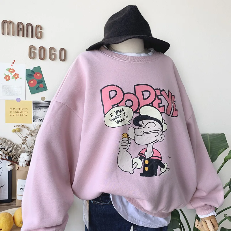 Boyfriend Стиль Негабаритных хлопок Толстовка для женщин с длинным рукавом Свободный пуловер толстовка с рисунком Kawaii повседневные толстовки для студентов