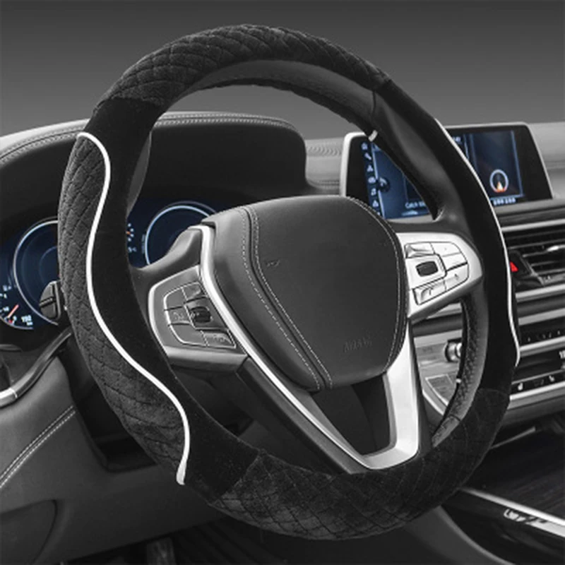 Black ONEWELL 38 см диаметр чехол рулевого колеса автомобиля зимние плюшевые автомобильные аксессуары короткие плюшевые Горячие силиконовые - Color Name: Black