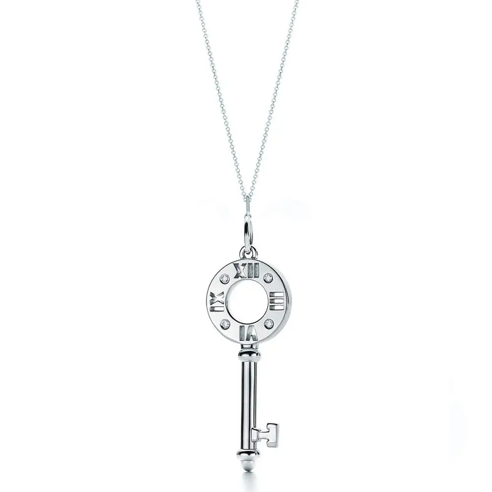 XL TFB TIFF 925 Sterling Silver Hollow Key Pendant Necklace Watch 18K Yellow Gold, Golden Rose, Platinum Gold Available - Цвет камня: Серебристый