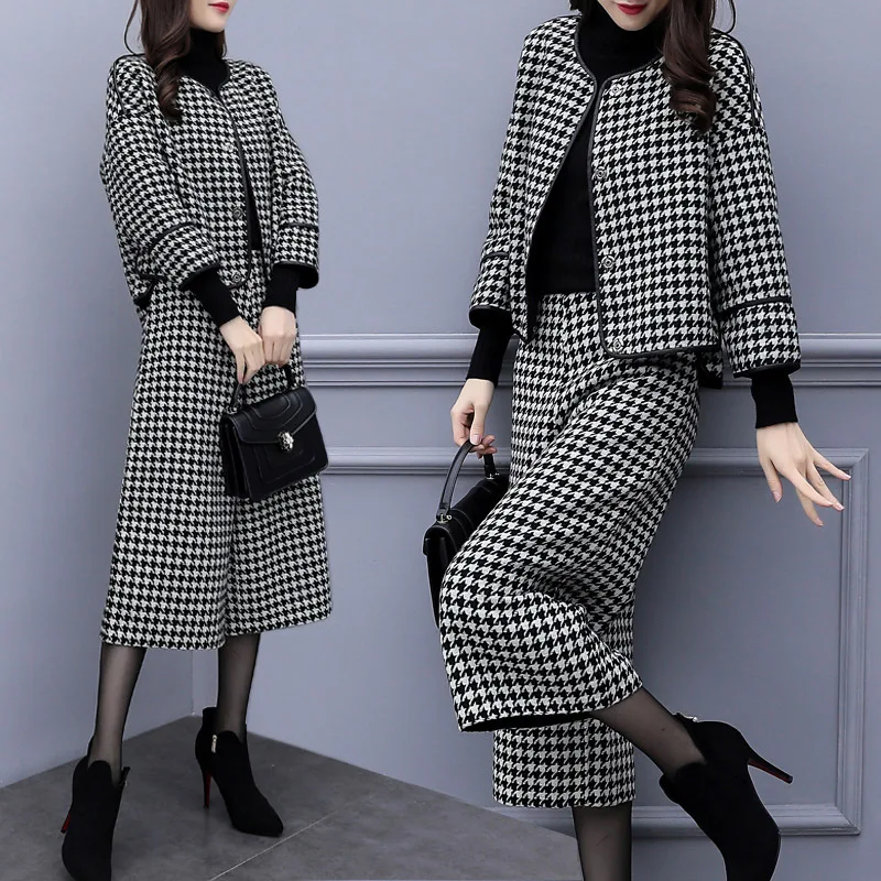 Винтаж Хаундстут блейзер топ+ мини юбка Женский комплект 2 шт. трапециевидной формы юбка костюм осень зима офис леди комплект из двух частей платья