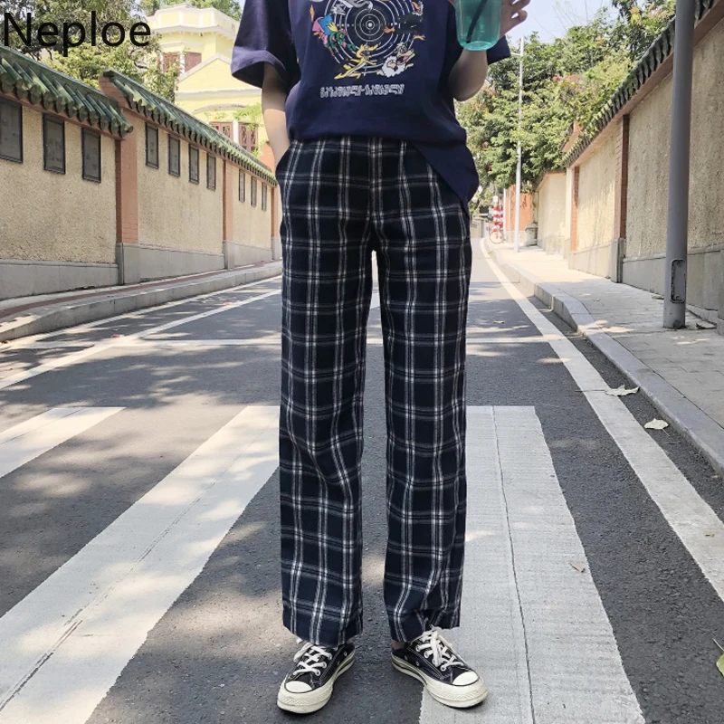 Neploe High Waist Hip Plaid Trouser Elastic Waist Loose Straight Pantalones Autumn Spring Streetwear Casual Pants New 48221